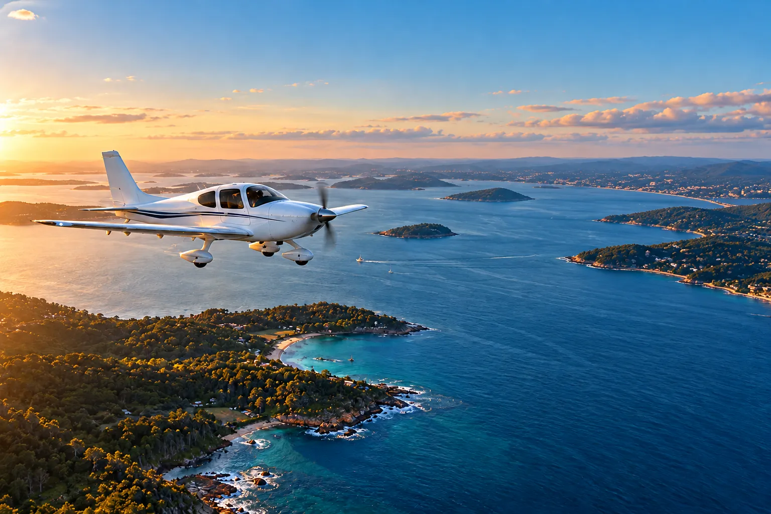 A small training aircraft flying over the coast at sunset