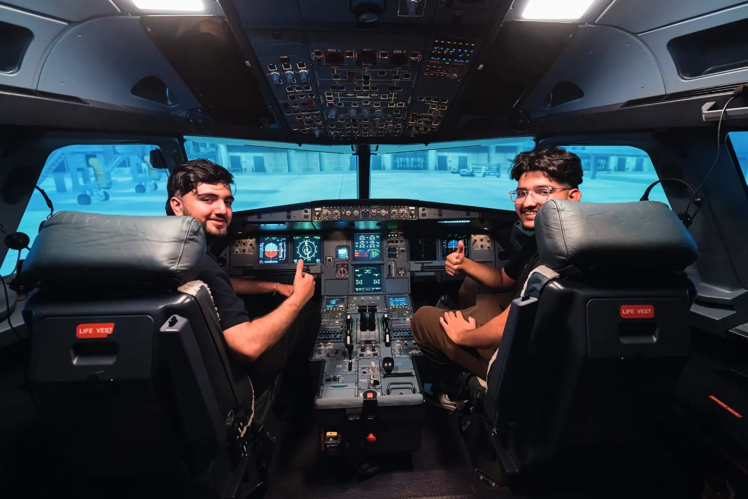 The cockpit of a flight simulator